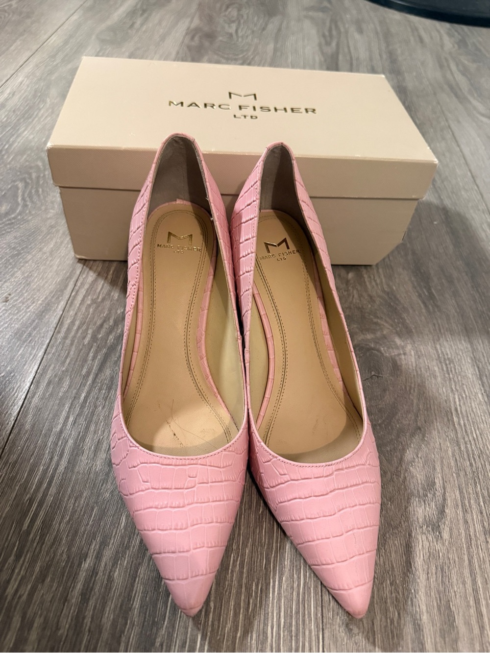 Marc Fisher Pink Croc-Embossed Pointed Toe Pumps